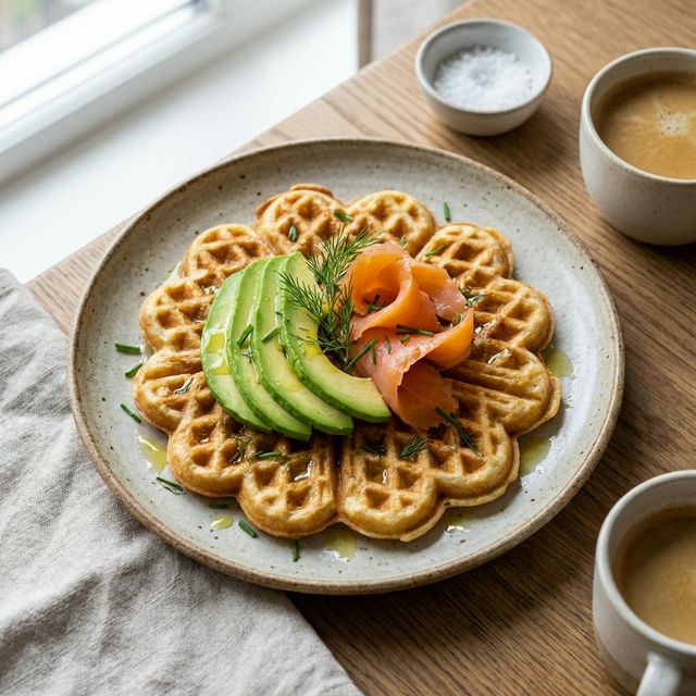 Delicious gourmet waffles with salmon